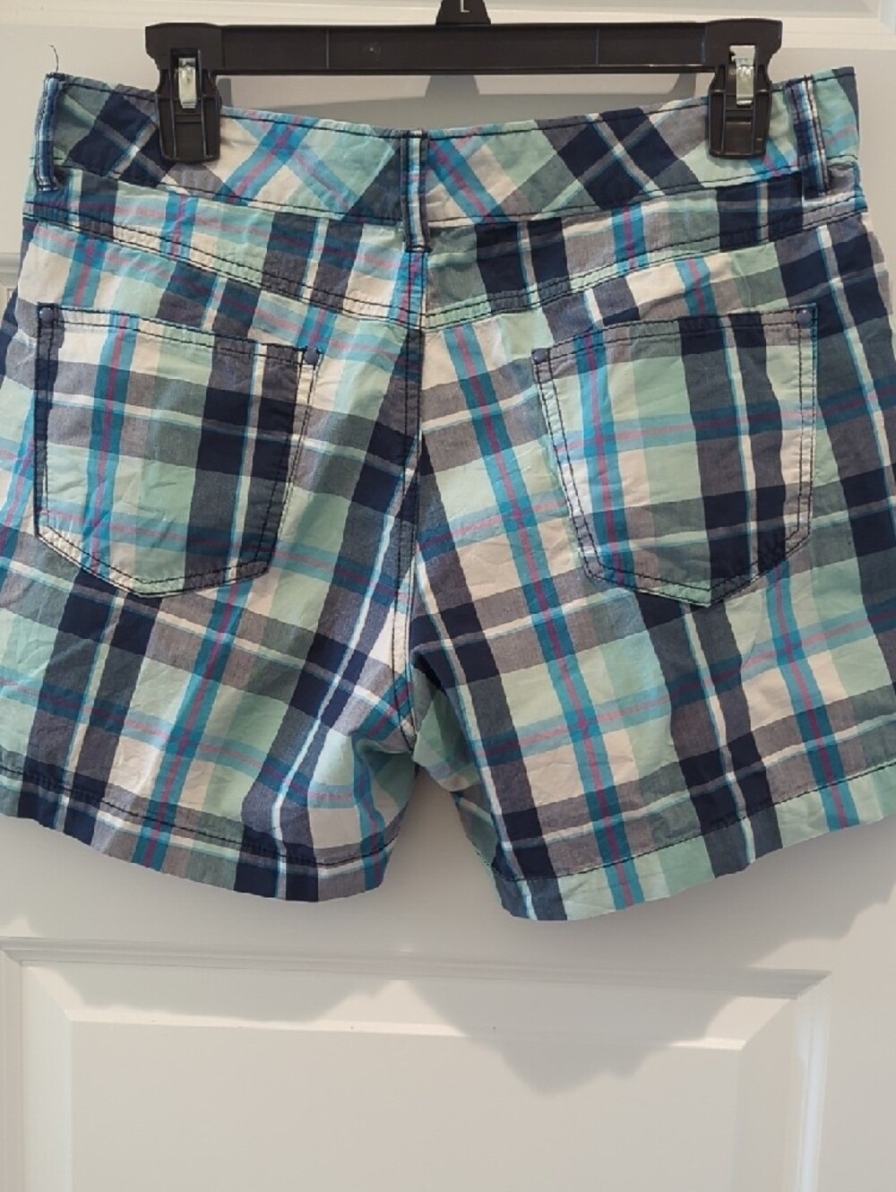 Lee Women's Plaid Flat-Front Shorts in Aqua, Navy and White - Picture 3 of 4